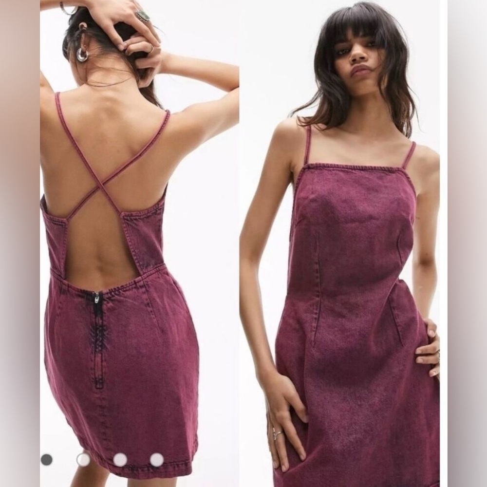 Topshop over dye denim mini dress in pink Open back spaghetti strap size 4